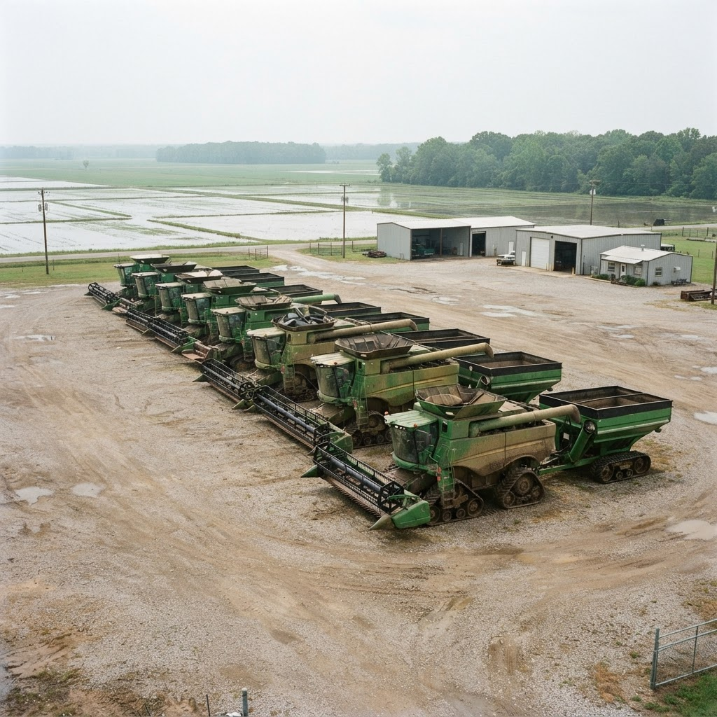 Track-fitted combine harvesters and grain carts on the lot at Delta Plains Harvest Systems