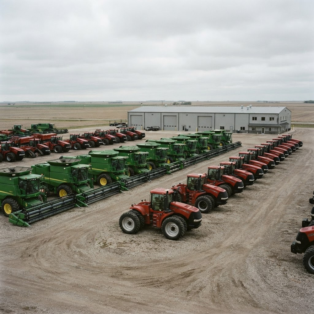 Combine harvesters and row-crop tractors lined up on the gravel lot at Kestrel Ridge Machinery