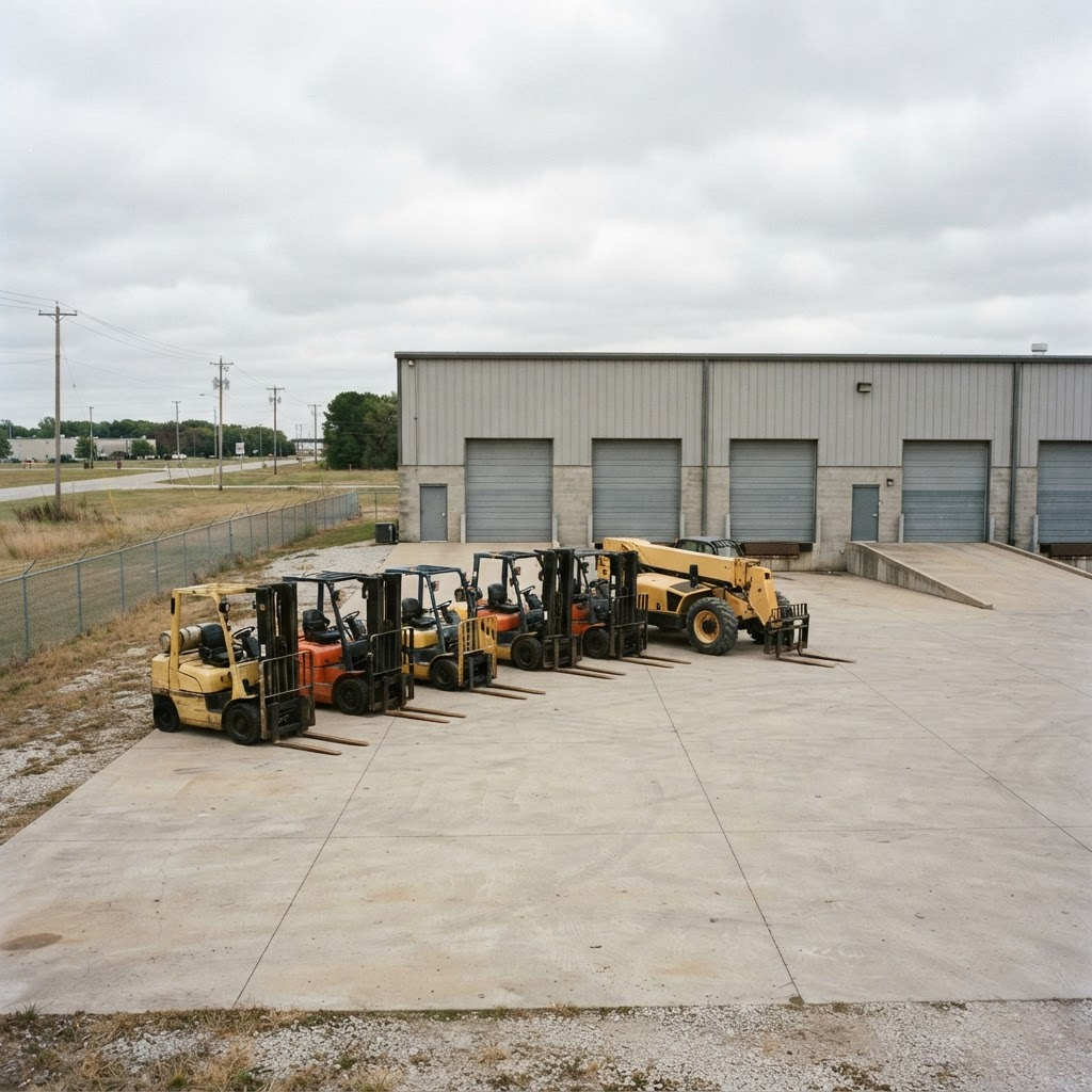 A row of counterbalance forklifts and a telehandler outside the Larkspur Lift & Handling warehouse