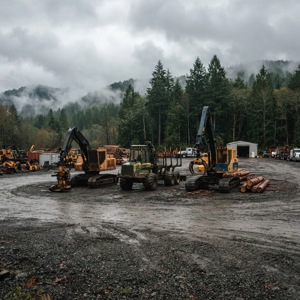 A feller buncher, forwarder and log loader on the wet gravel yard at Sawtooth Forest Machines